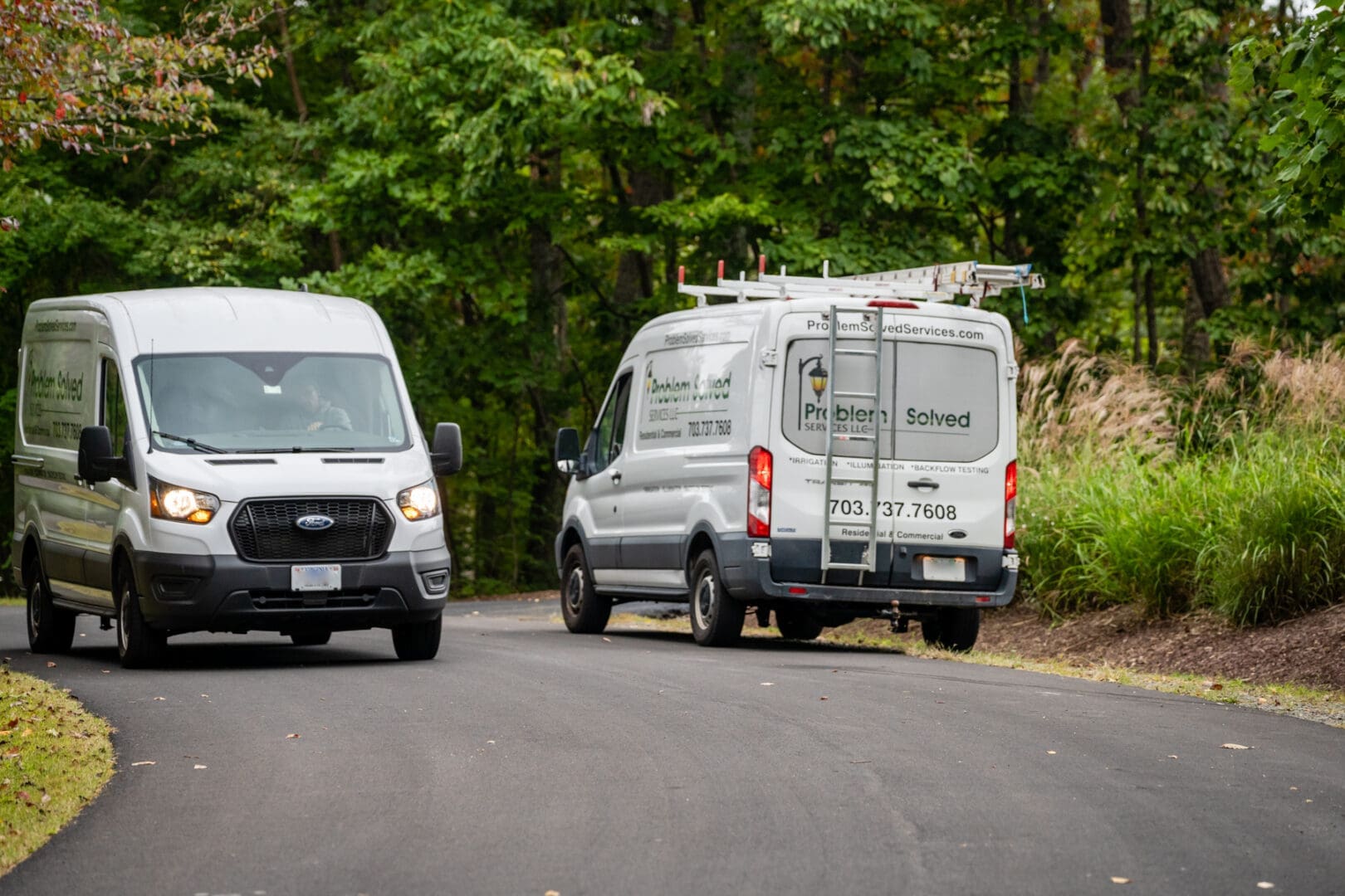 Two white service vans on tree-lined road