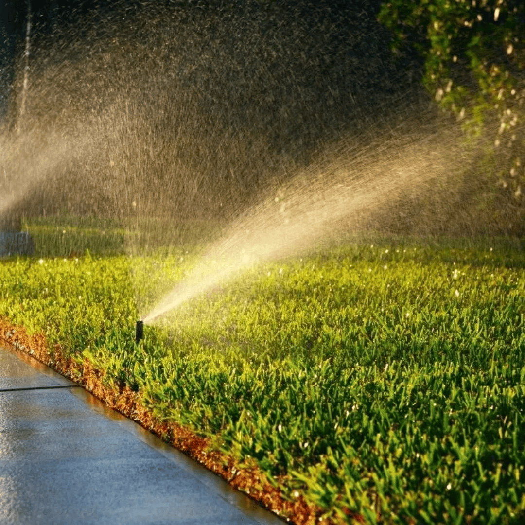 Sprinkler watering green lawn beside sidewalk